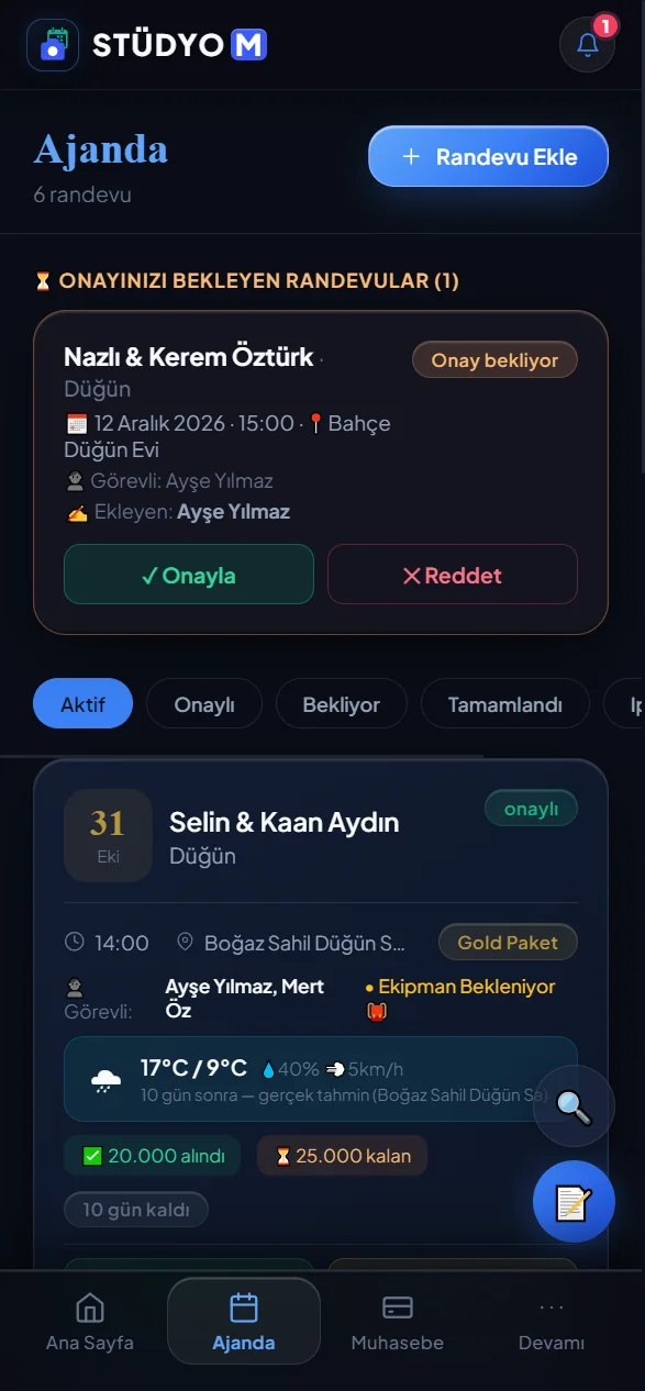 Telefonda STÜDYOM ajanda ekranı